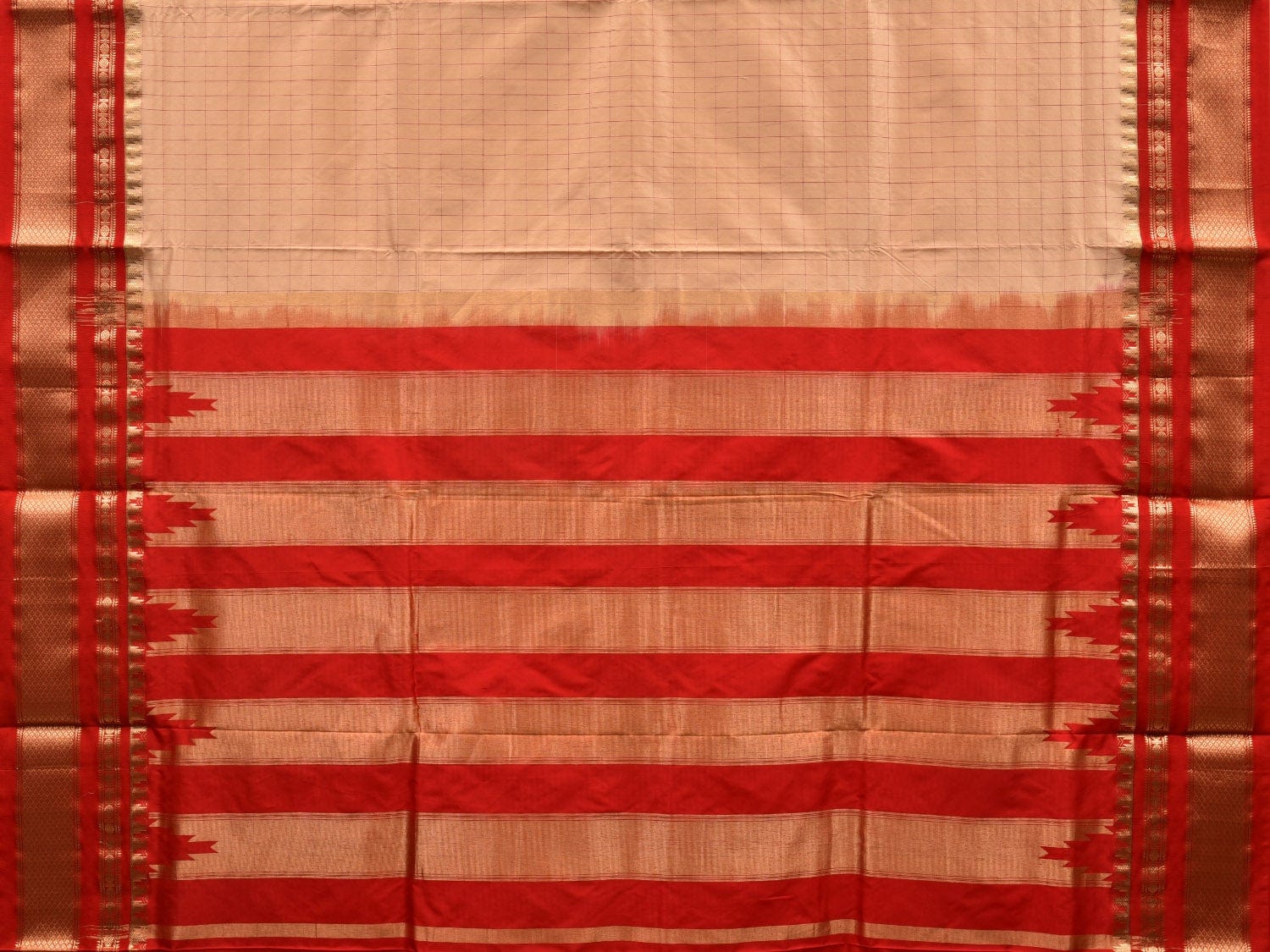 Cream and Red Gadwal Silk Handloom Saree with Checks Design g0287