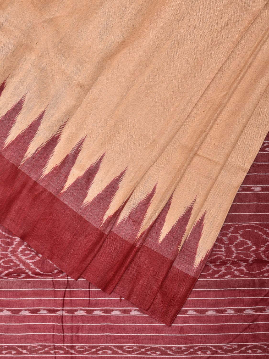 Cream and Red Ikat Tussar Handloom Plain Saree with Pallu and Temple Border Design i0865