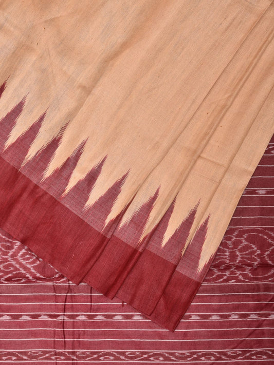 Cream and Red Ikat Tussar Handloom Plain Saree with Pallu and Temple Border Design i0865