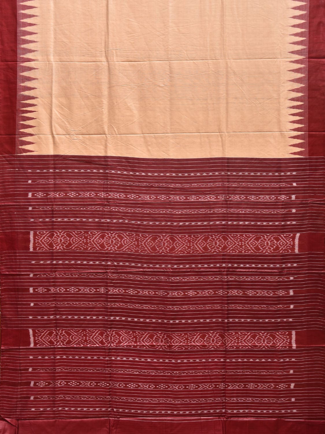 Cream and Red Ikat Tussar Handloom Plain Saree with Pallu and Temple Border Design i0865