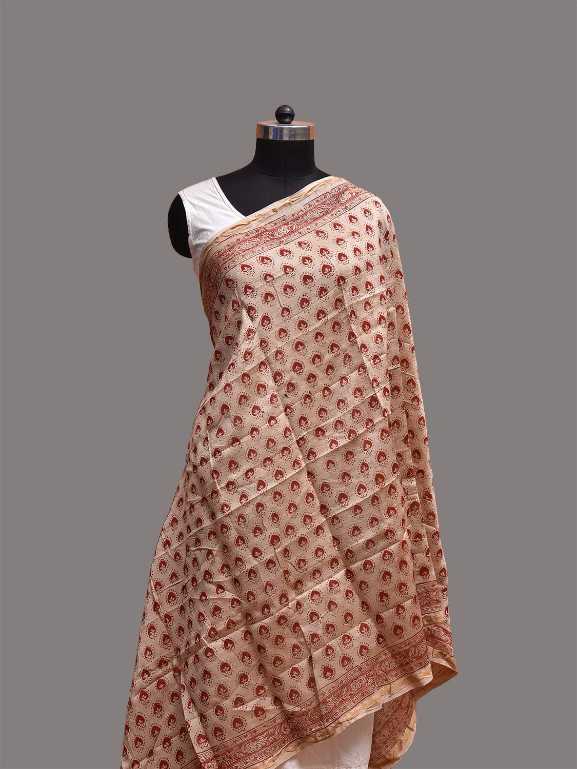 Cream and Red Kalamkari Block Print Cotton Silk Dupatta with Floral Buta Design ds3763