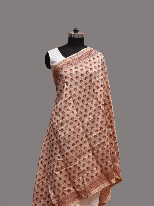 Cream and Red Kalamkari Block Print Cotton Silk Dupatta with Floral Buta Design ds3763