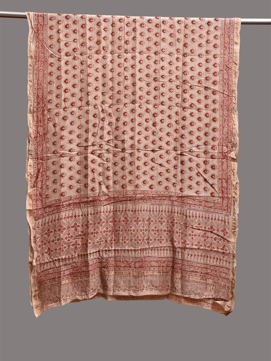 Cream and Red Kalamkari Block Print Cotton Silk Dupatta with Floral Buta Design ds3763