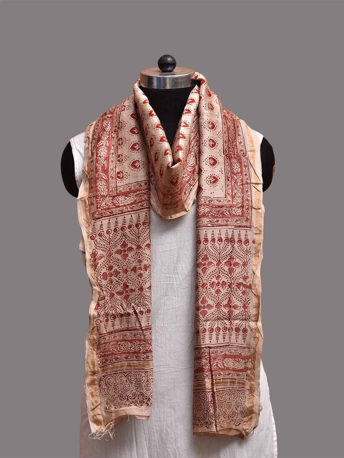 Cream and Red Kalamkari Block Print Cotton Silk Dupatta with Floral Buta Design ds3763