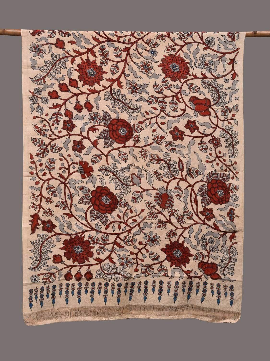 Cream and Red Kalamkari Hand Painted Cotton Handloom Dupatta with Floral Design ds2411