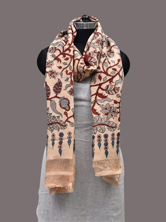 Cream and Red Kalamkari Hand Painted Cotton Handloom Dupatta with Floral Design ds2411