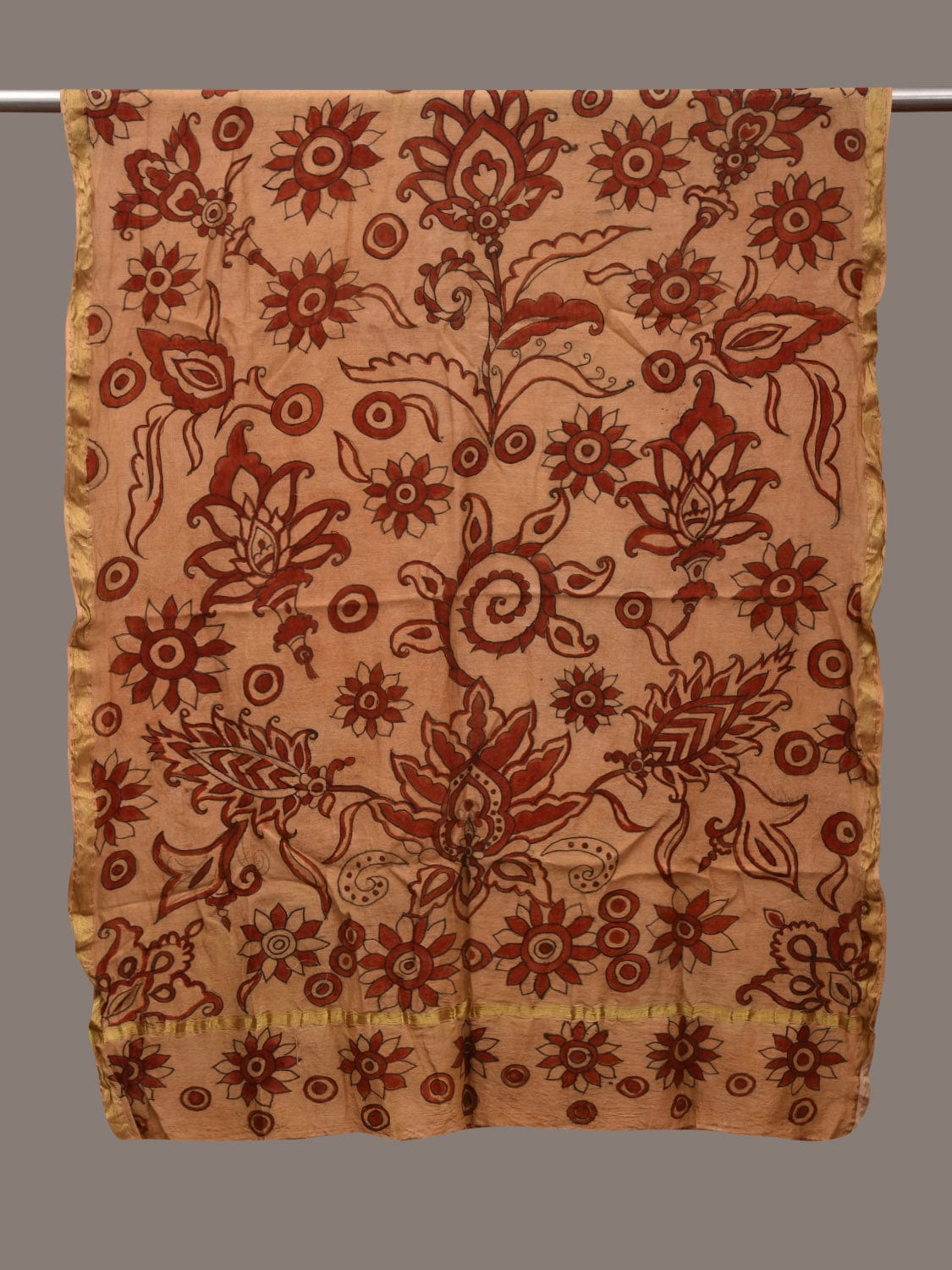 Cream and Red Kalamkari Hand Painted Cotton Silk Handloom Dupatta with Floral Design ds2979