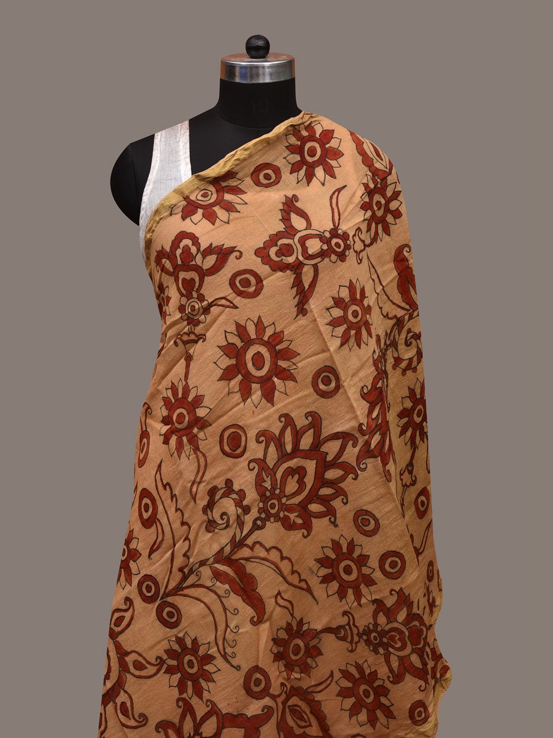 Cream and Red Kalamkari Hand Painted Cotton Silk Handloom Dupatta with Floral Design ds2979