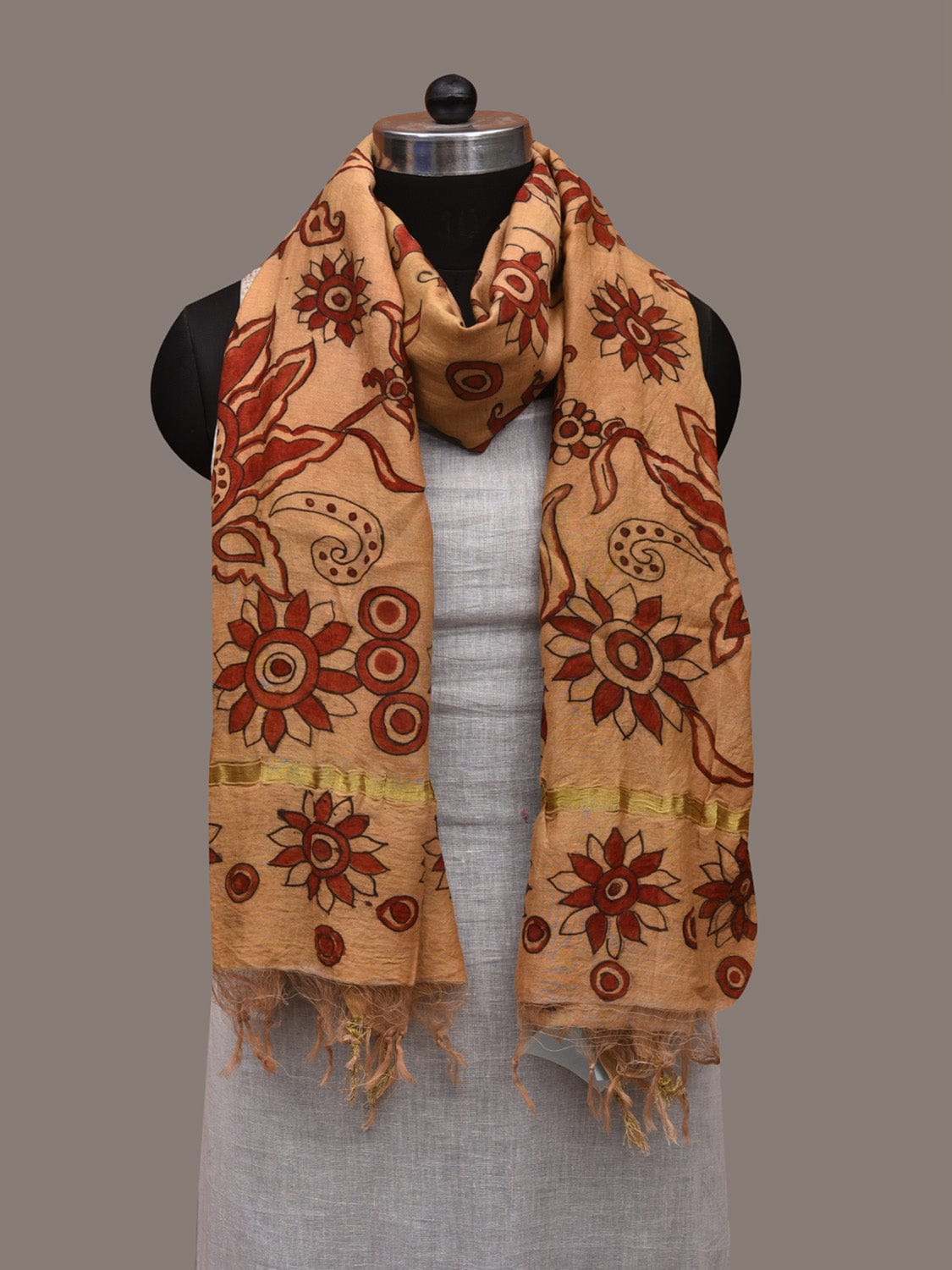 Cream and Red Kalamkari Hand Painted Cotton Silk Handloom Dupatta with Floral Design ds2979