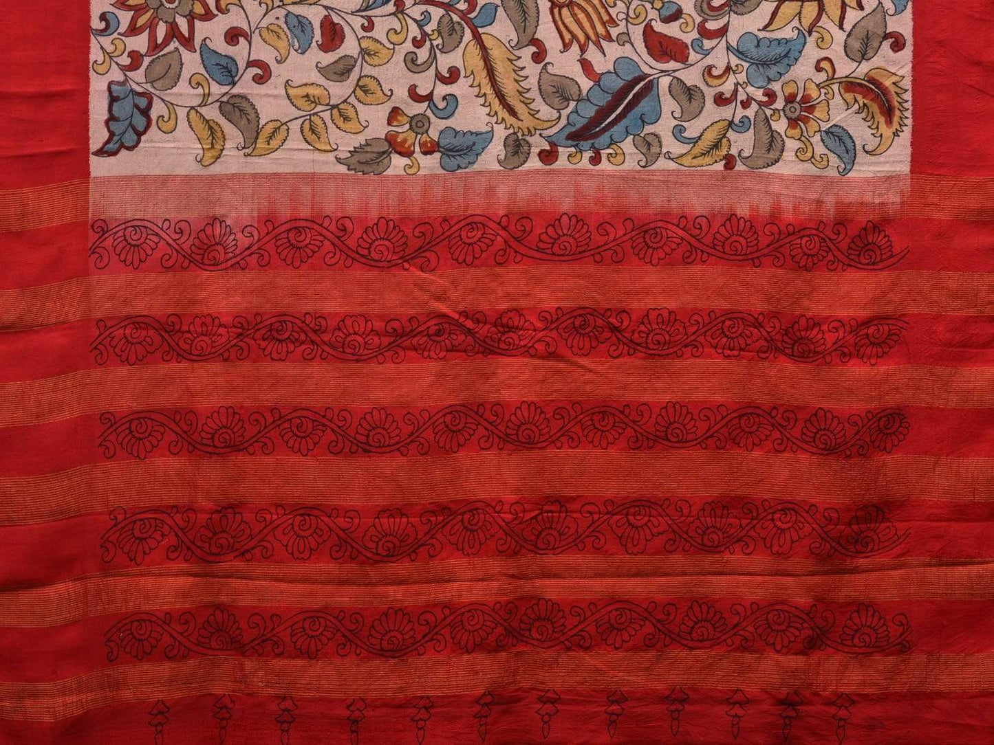 Cream and Red Kalamkari Hand Painted Gadwal Silk Handloom Saree with Floral Design KL0559