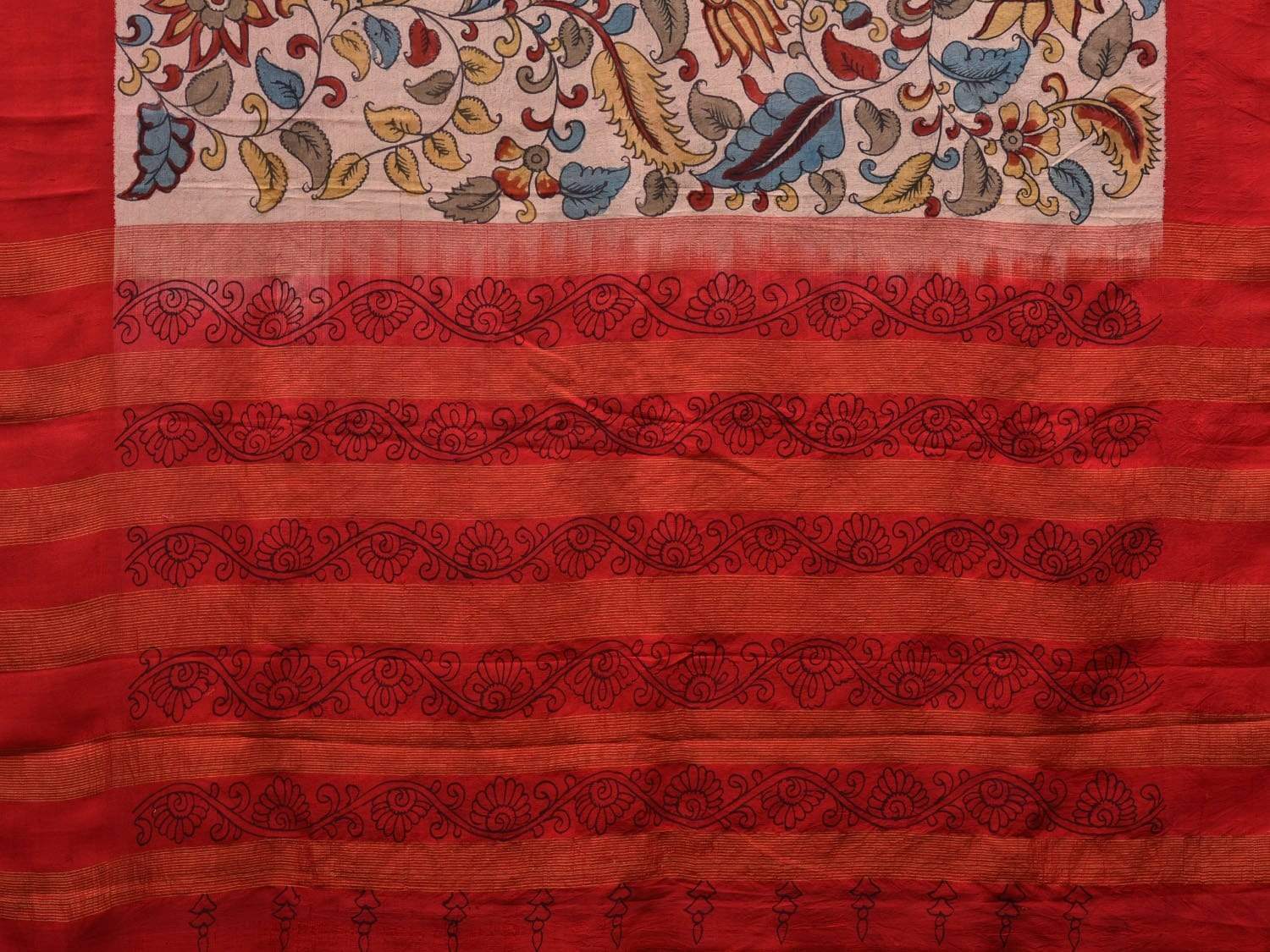 Cream and Red Kalamkari Hand Painted Gadwal Silk Handloom Saree with Floral Design KL0559