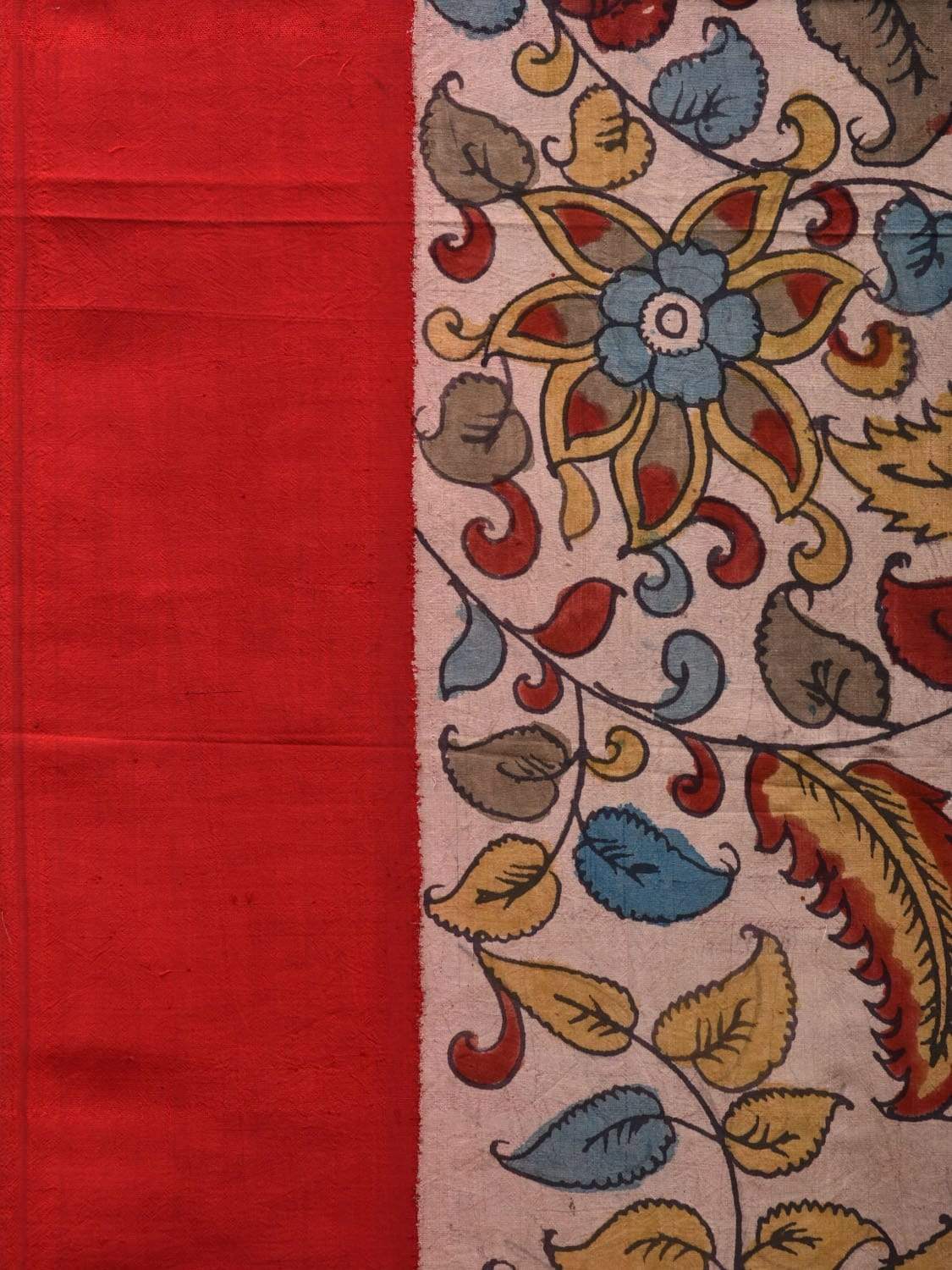 Cream and Red Kalamkari Hand Painted Gadwal Silk Handloom Saree with Floral Design KL0559