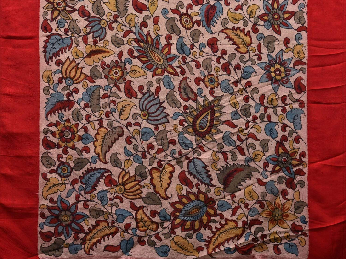 Cream and Red Kalamkari Hand Painted Gadwal Silk Handloom Saree with Floral Design KL0559