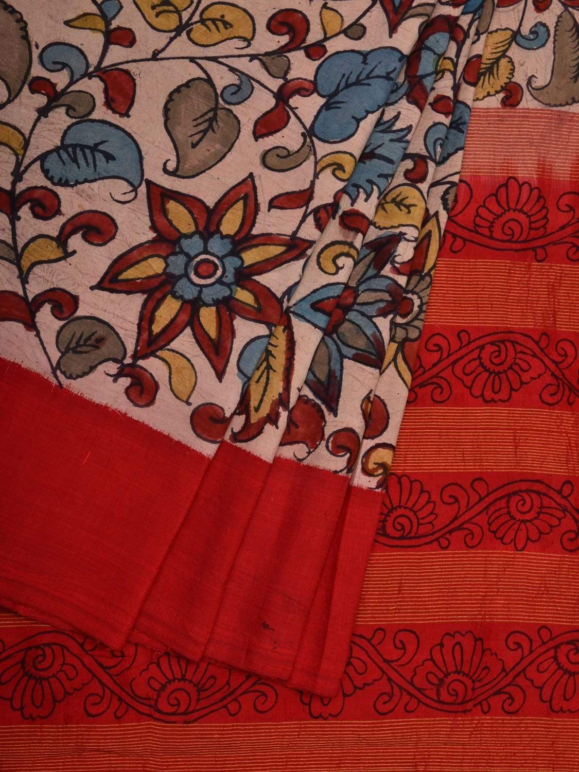 Cream and Red Kalamkari Hand Painted Gadwal Silk Handloom Saree with Floral Design KL0559