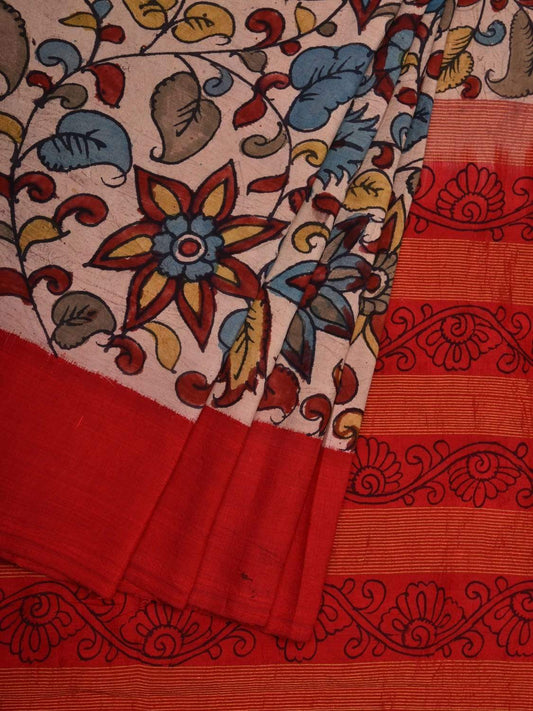 Cream and Red Kalamkari Hand Painted Gadwal Silk Handloom Saree with Floral Design KL0559