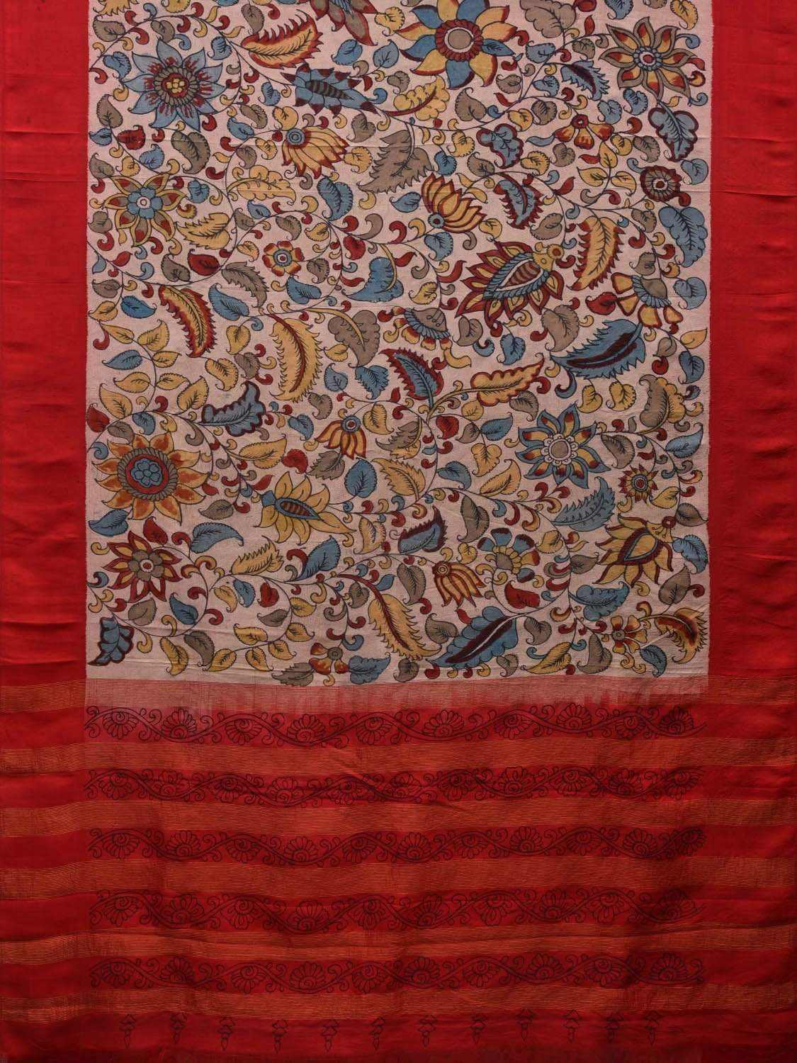 Cream and Red Kalamkari Hand Painted Gadwal Silk Handloom Saree with Floral Design KL0559