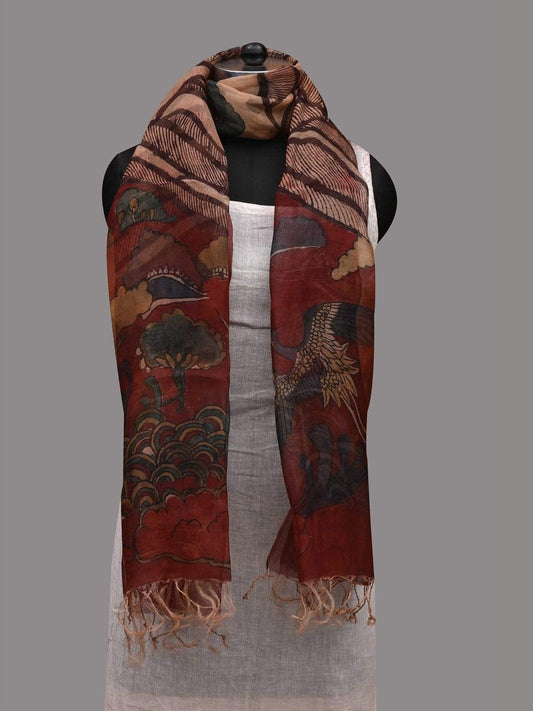 Cream and Red Kalamkari Hand Painted Georgette Dupatta with Birds and Mountains Design ds2586