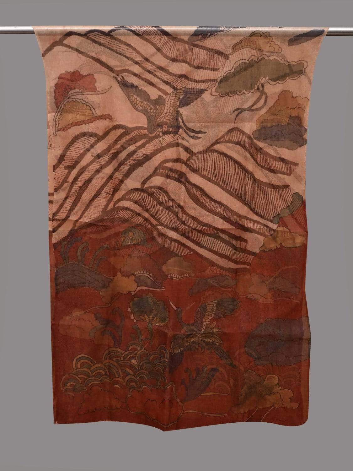 Cream and Red Kalamkari Hand Painted Georgette Dupatta with Birds and Mountains Design ds2586