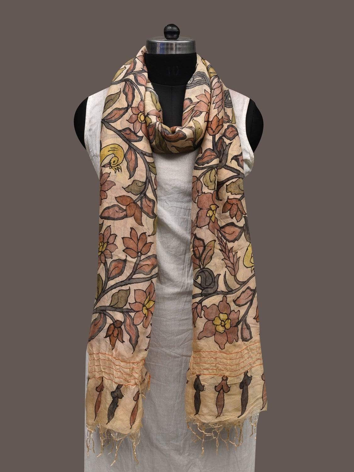 Cream and Red Kalamkari Hand Painted Georgette Dupatta with Floral and Peacocks Design ds2381
