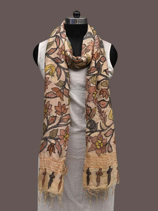 Cream and Red Kalamkari Hand Painted Georgette Dupatta with Floral and Peacocks Design ds2381