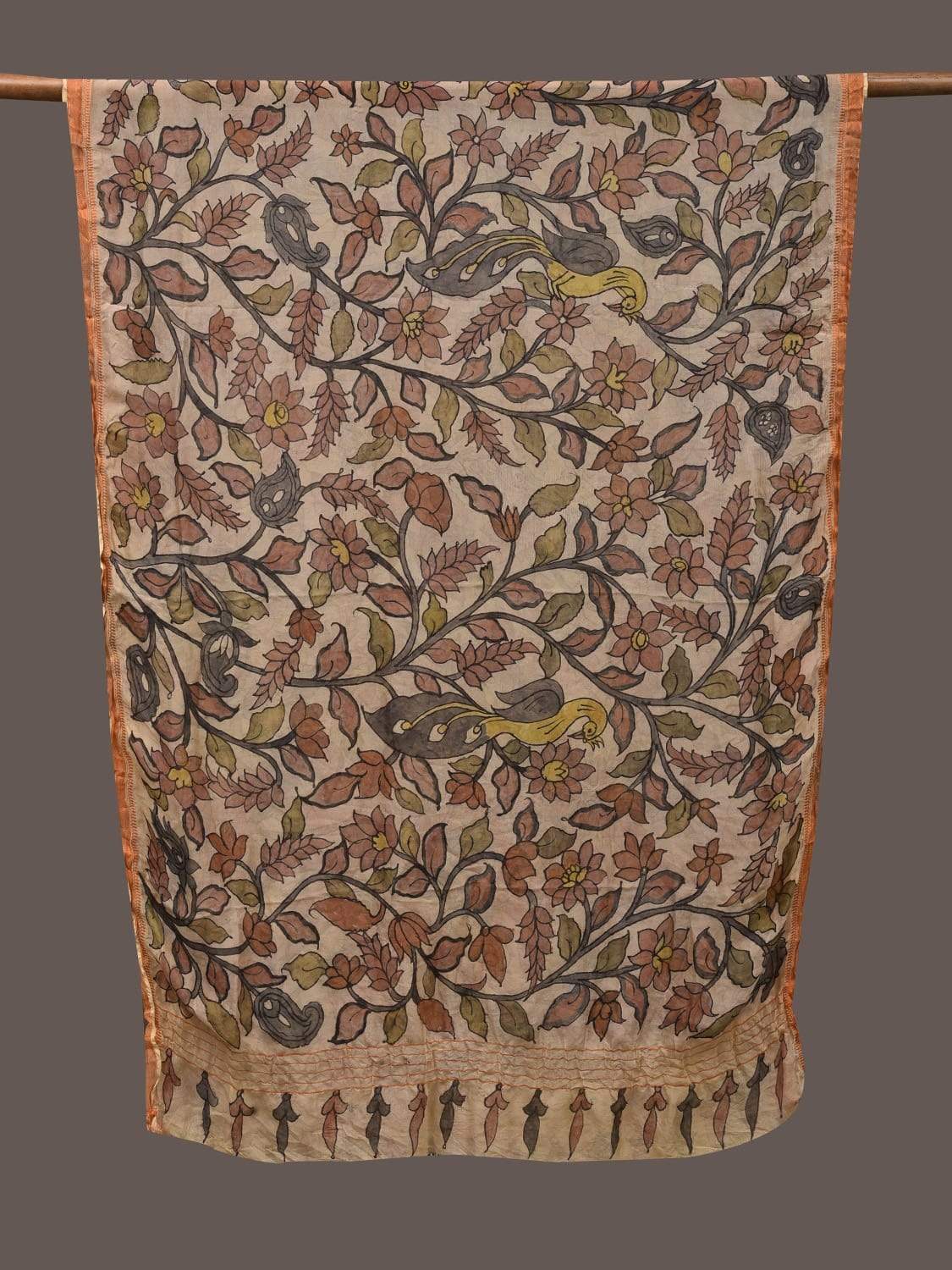 Cream and Red Kalamkari Hand Painted Georgette Dupatta with Floral and Peacocks Design ds2381