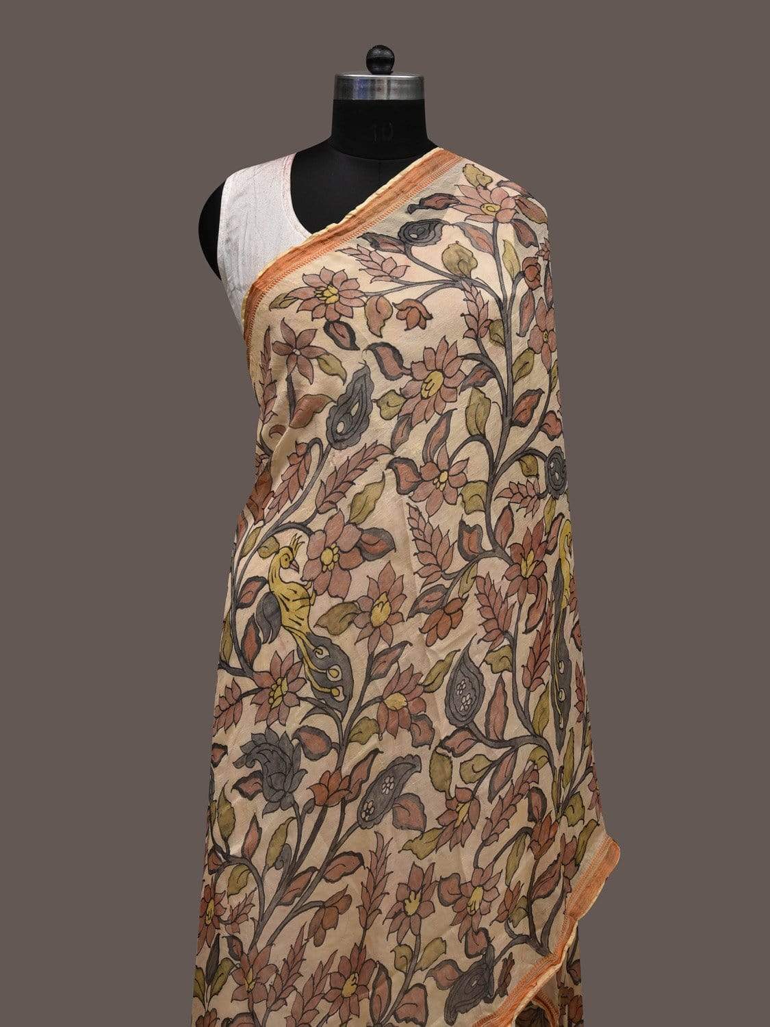Cream and Red Kalamkari Hand Painted Georgette Dupatta with Floral and Peacocks Design ds2381