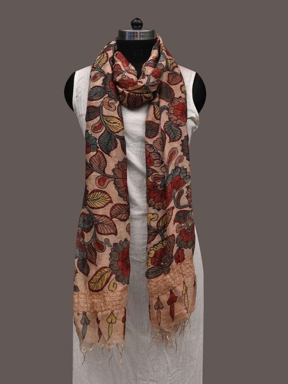 Cream and Red Kalamkari Hand Painted Georgette Dupatta with Floral Design ds2377