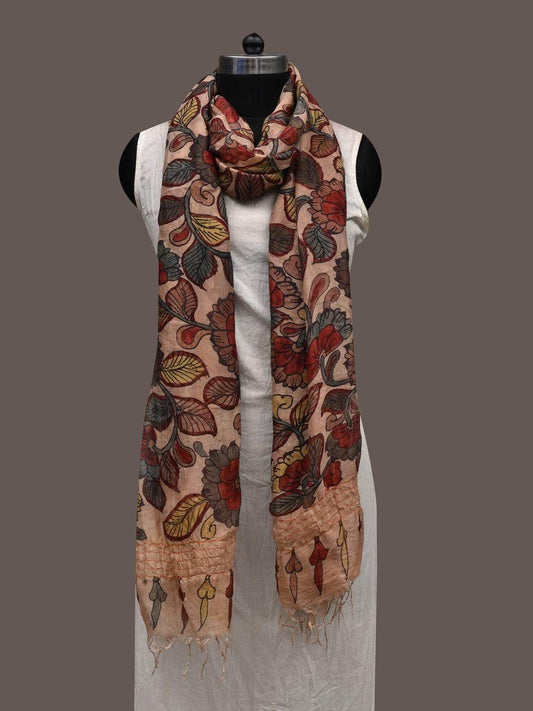 Cream and Red Kalamkari Hand Painted Georgette Dupatta with Floral Design ds2377