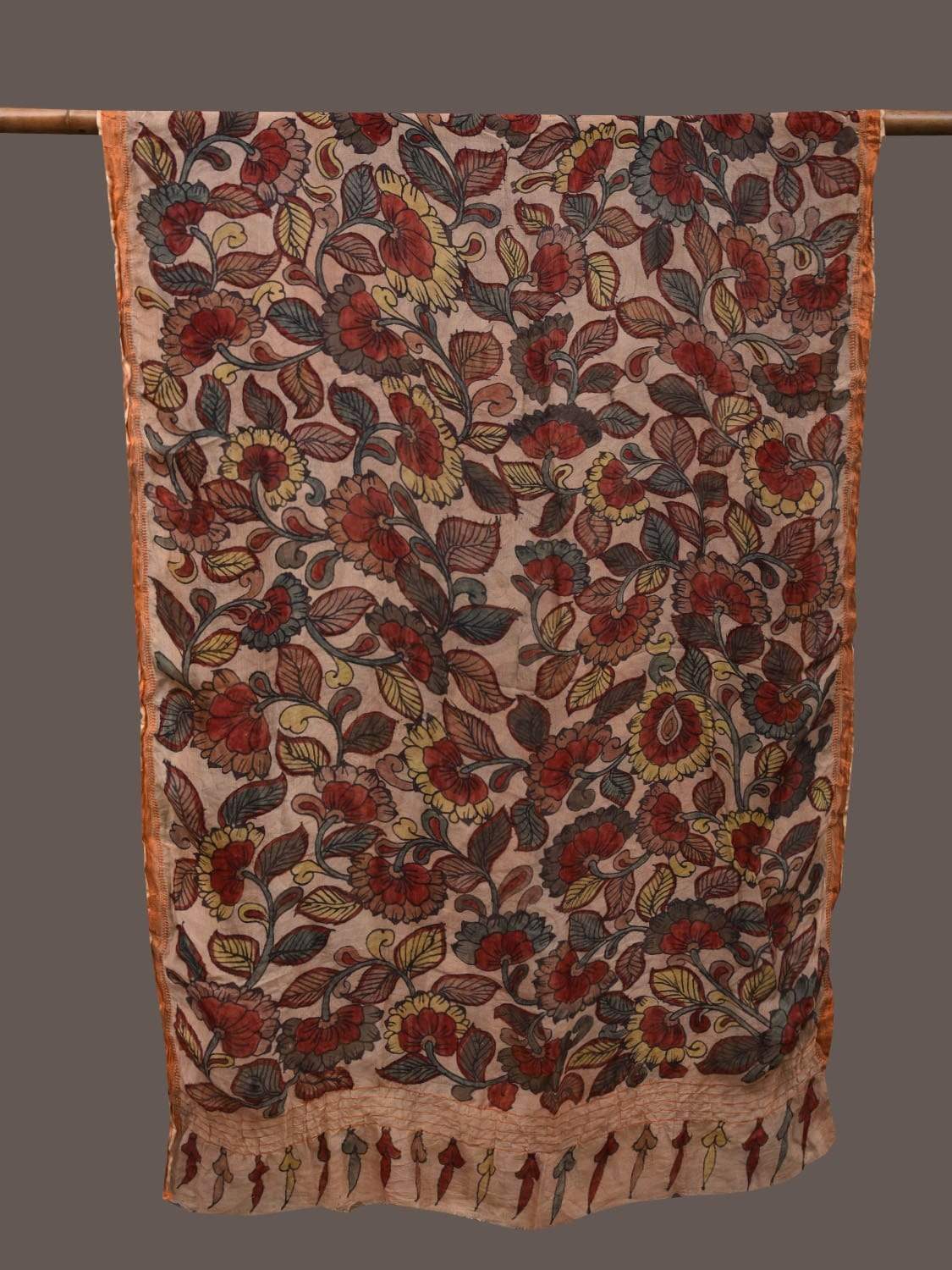 Cream and Red Kalamkari Hand Painted Georgette Dupatta with Floral Design ds2377