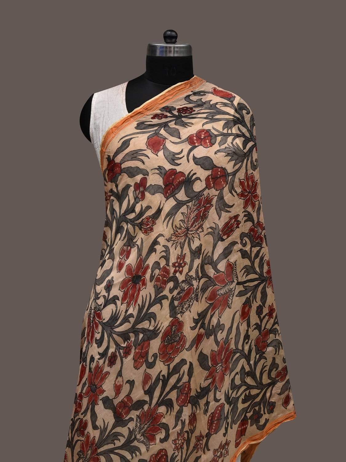 Cream and Red Kalamkari Hand Painted Georgette Dupatta with Floral Design ds2379