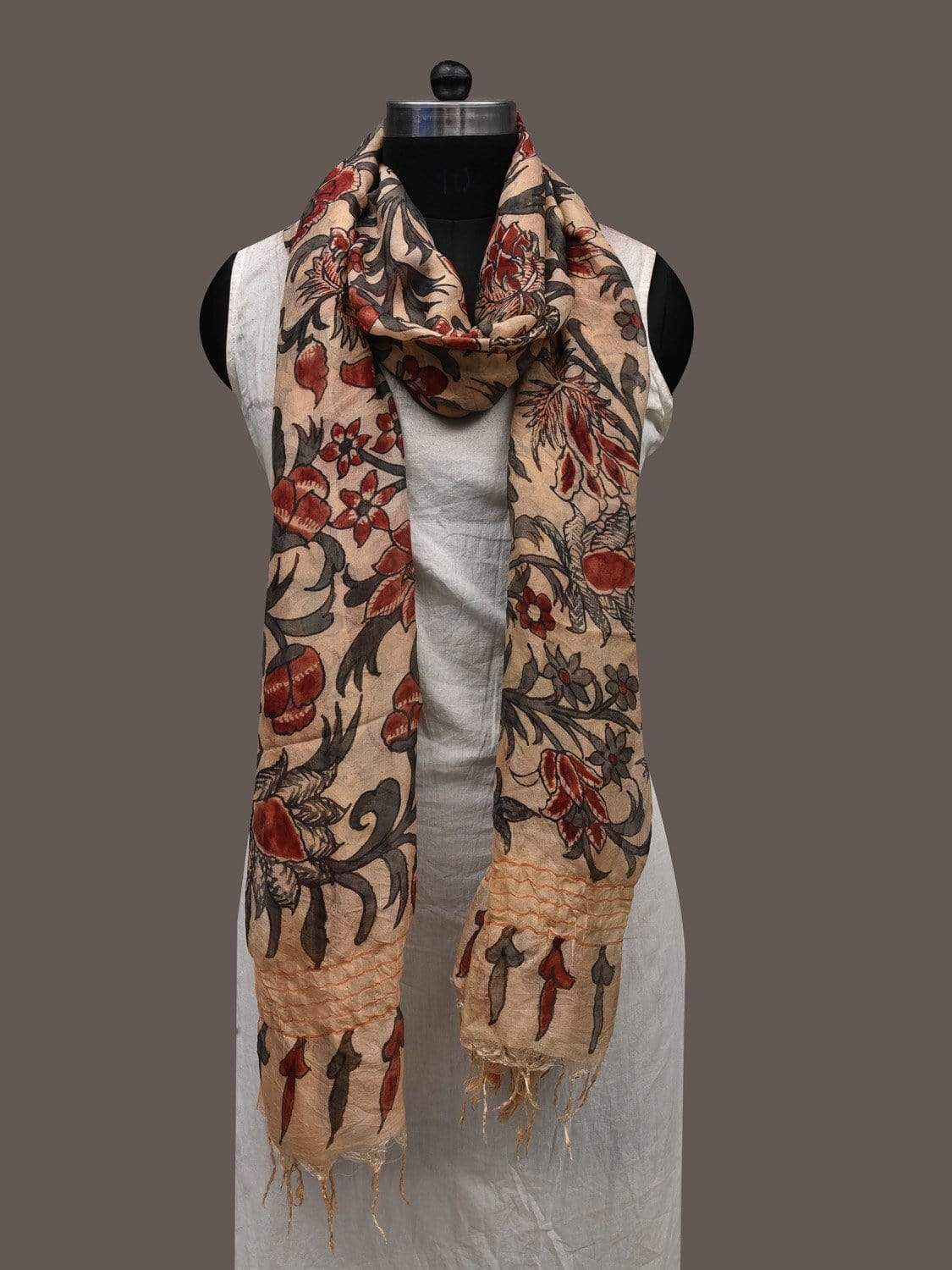 Cream and Red Kalamkari Hand Painted Georgette Dupatta with Floral Design ds2379