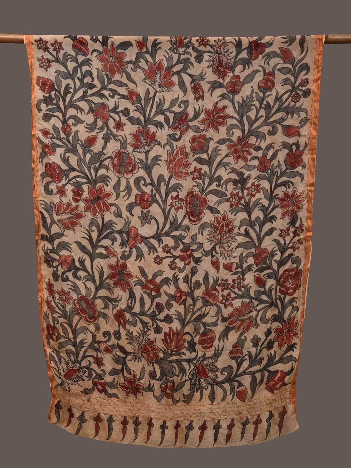 Cream and Red Kalamkari Hand Painted Georgette Dupatta with Floral Design ds2379