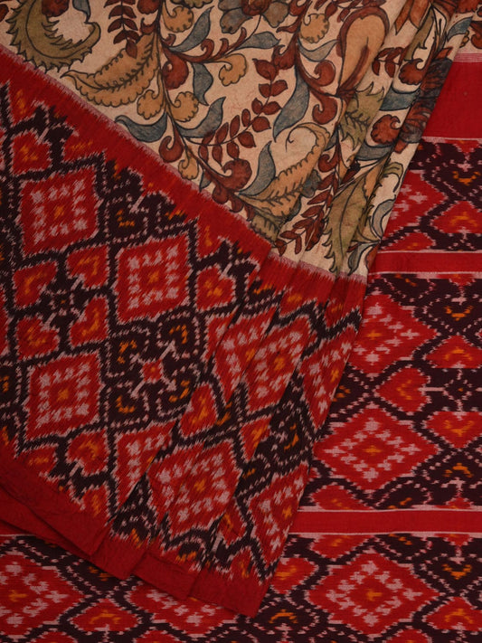 Cream and Red Kalamkari Hand Painted Ikat Silk Handloom Saree with Floral and Border Design KL0620