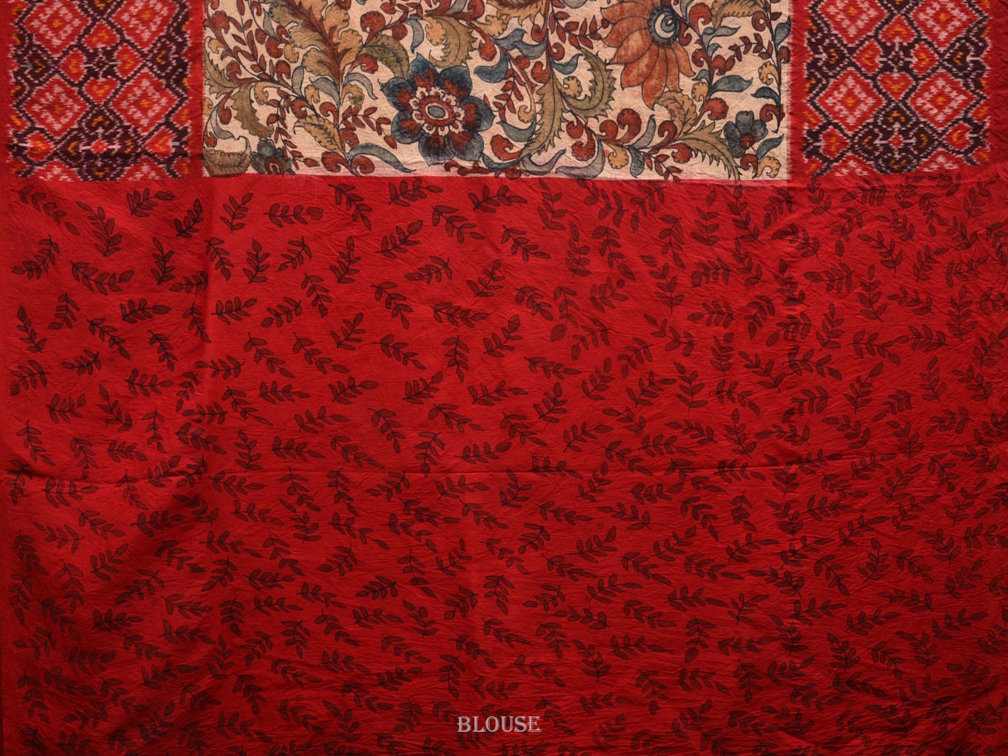 Cream and Red Kalamkari Hand Painted Ikat Silk Handloom Saree with Floral and Border Design KL0620