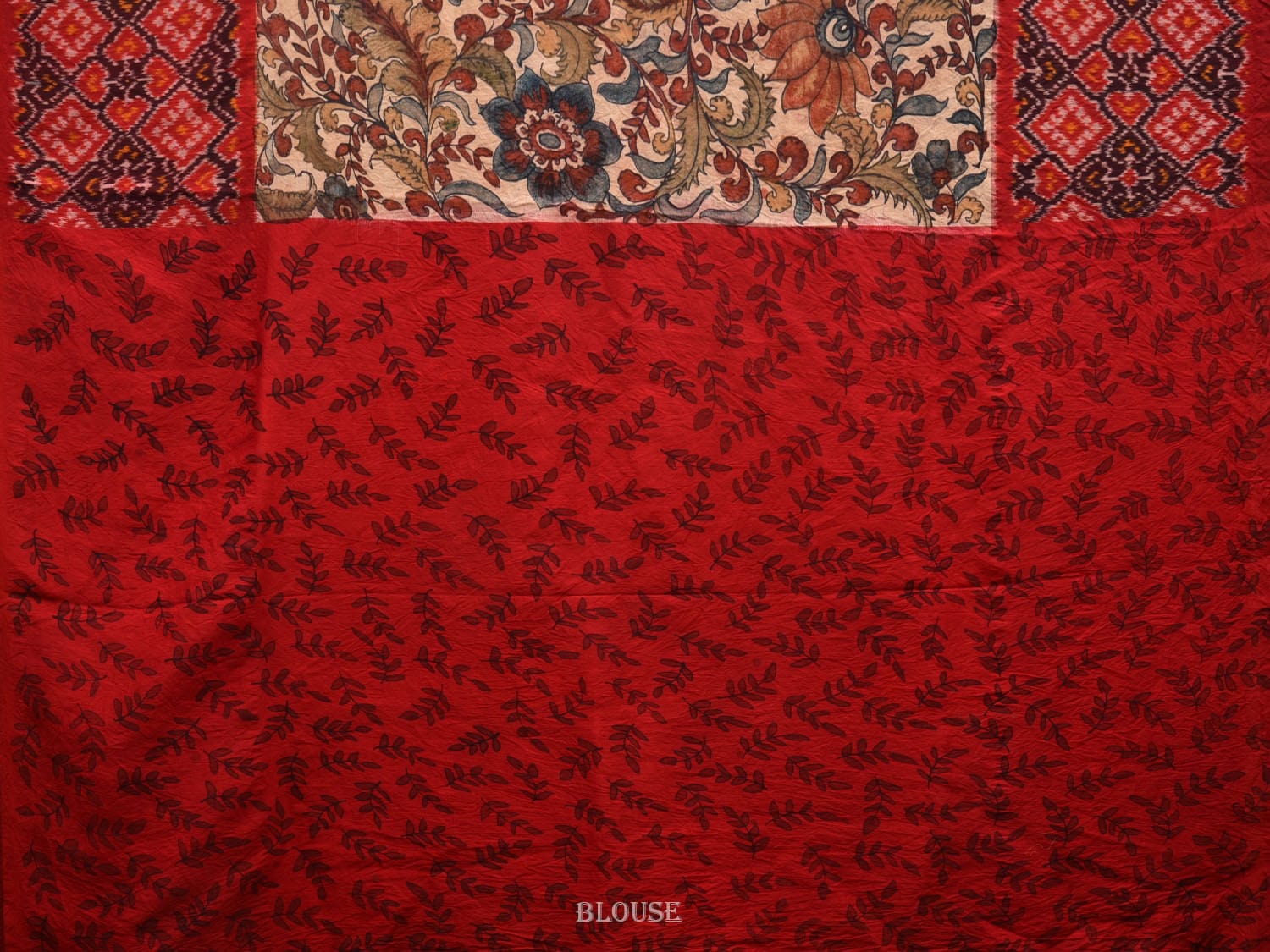 Cream and Red Kalamkari Hand Painted Ikat Silk Handloom Saree with Floral and Border Design KL0620