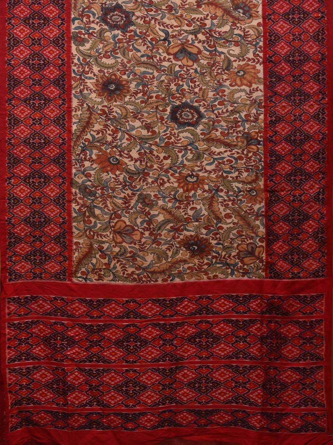 Cream and Red Kalamkari Hand Painted Ikat Silk Handloom Saree with Floral and Border Design KL0620