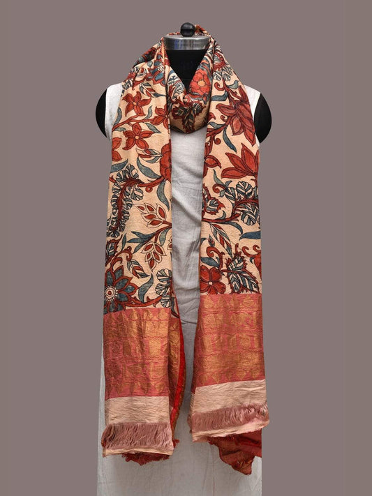 Cream and Red Kalamkari Hand Painted Kanchipuram Silk Handloom Dupatta with Floral Design ds2358
