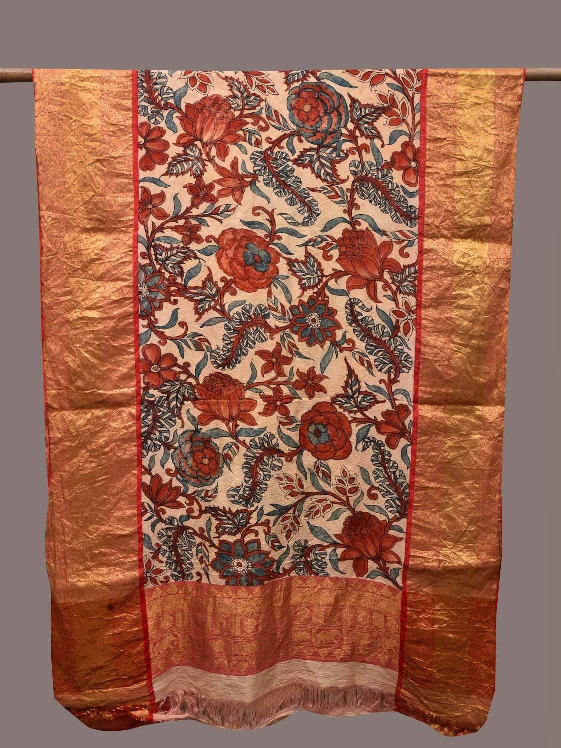 Cream and Red Kalamkari Hand Painted Kanchipuram Silk Handloom Dupatta with Floral Design ds2358