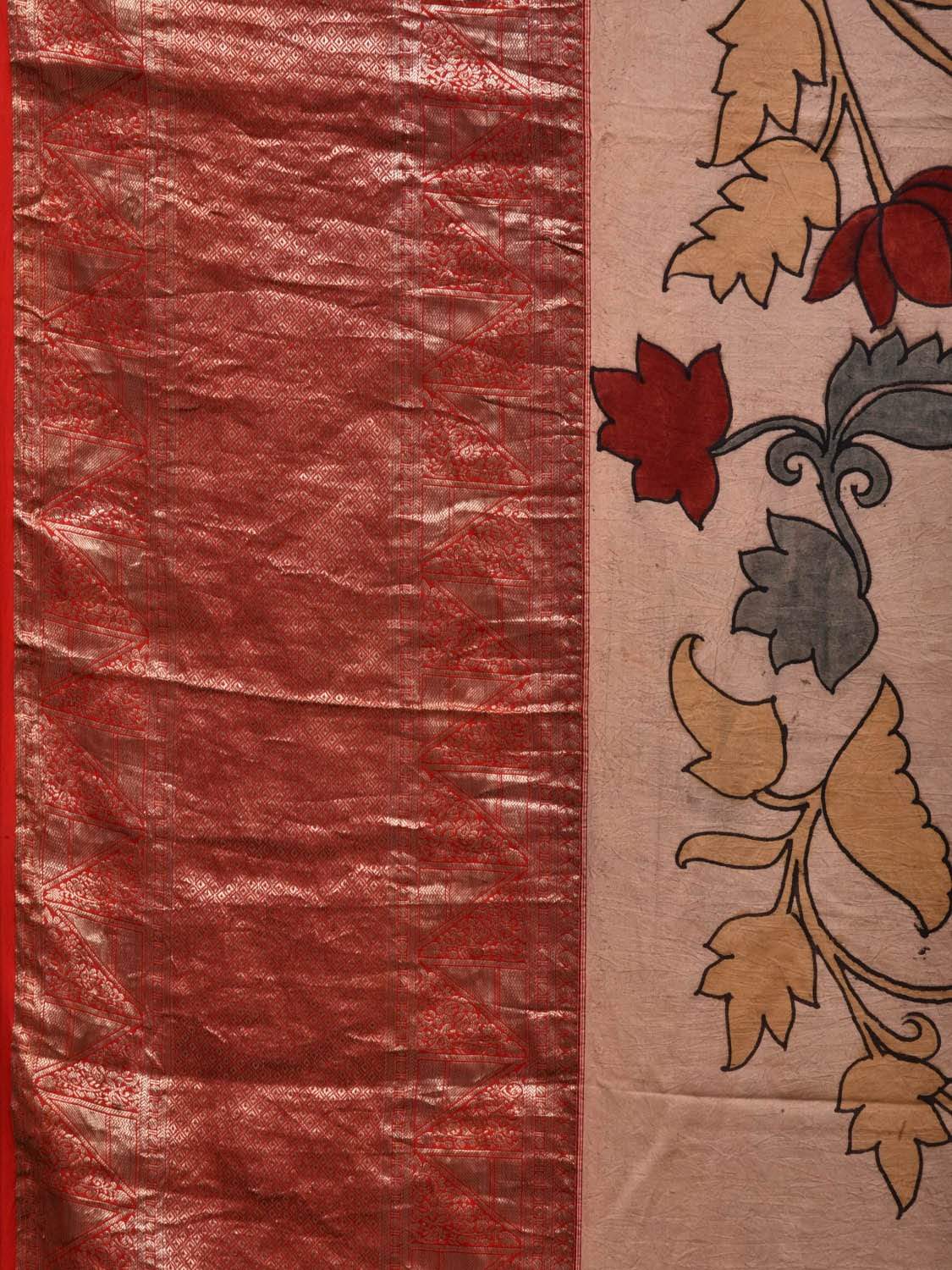 Cream and Red Kalamkari Hand Painted Kanchipuram Silk Handloom Saree with Floral and Birds Design KL0516