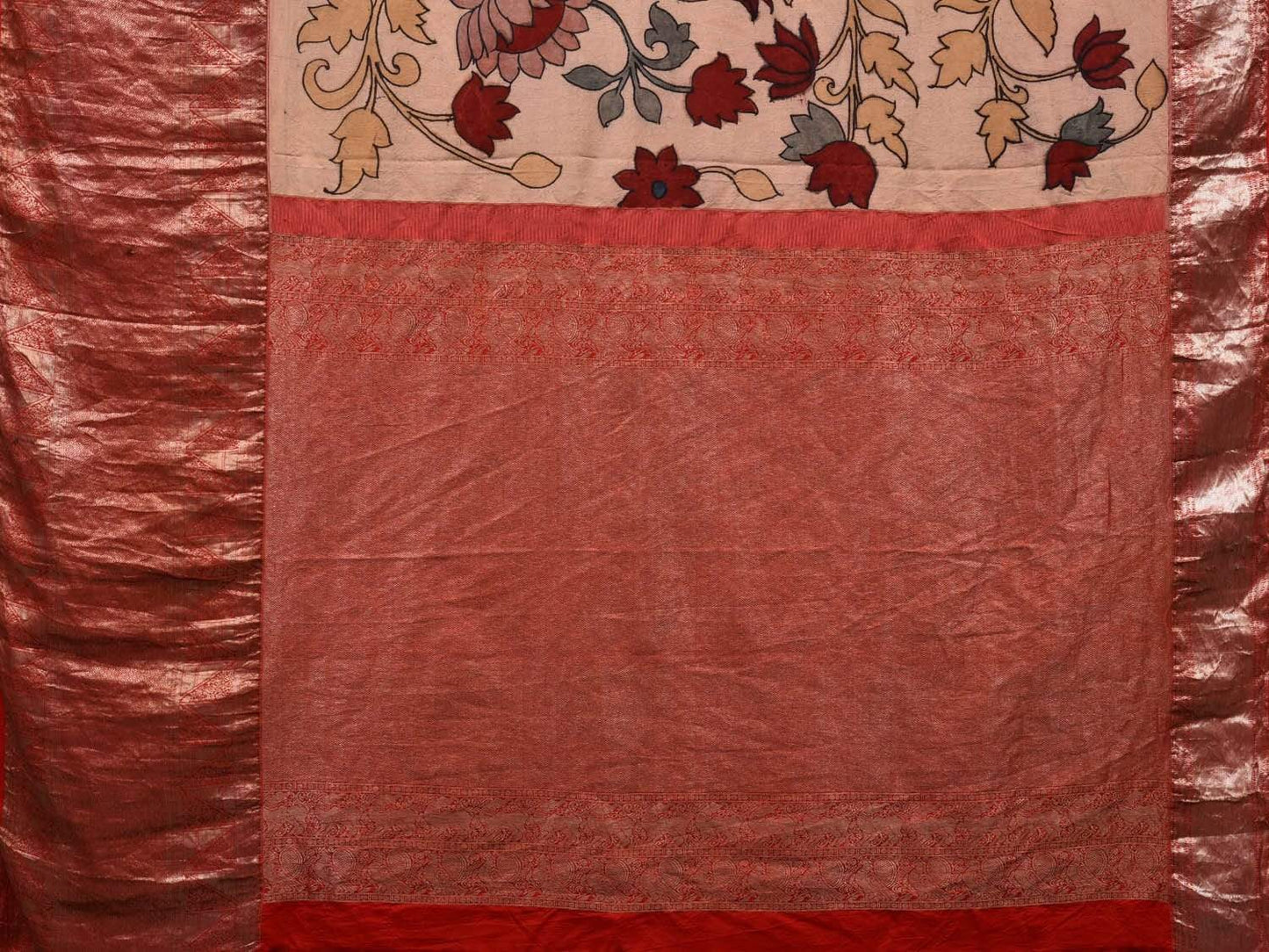 Cream and Red Kalamkari Hand Painted Kanchipuram Silk Handloom Saree with Floral and Birds Design KL0516