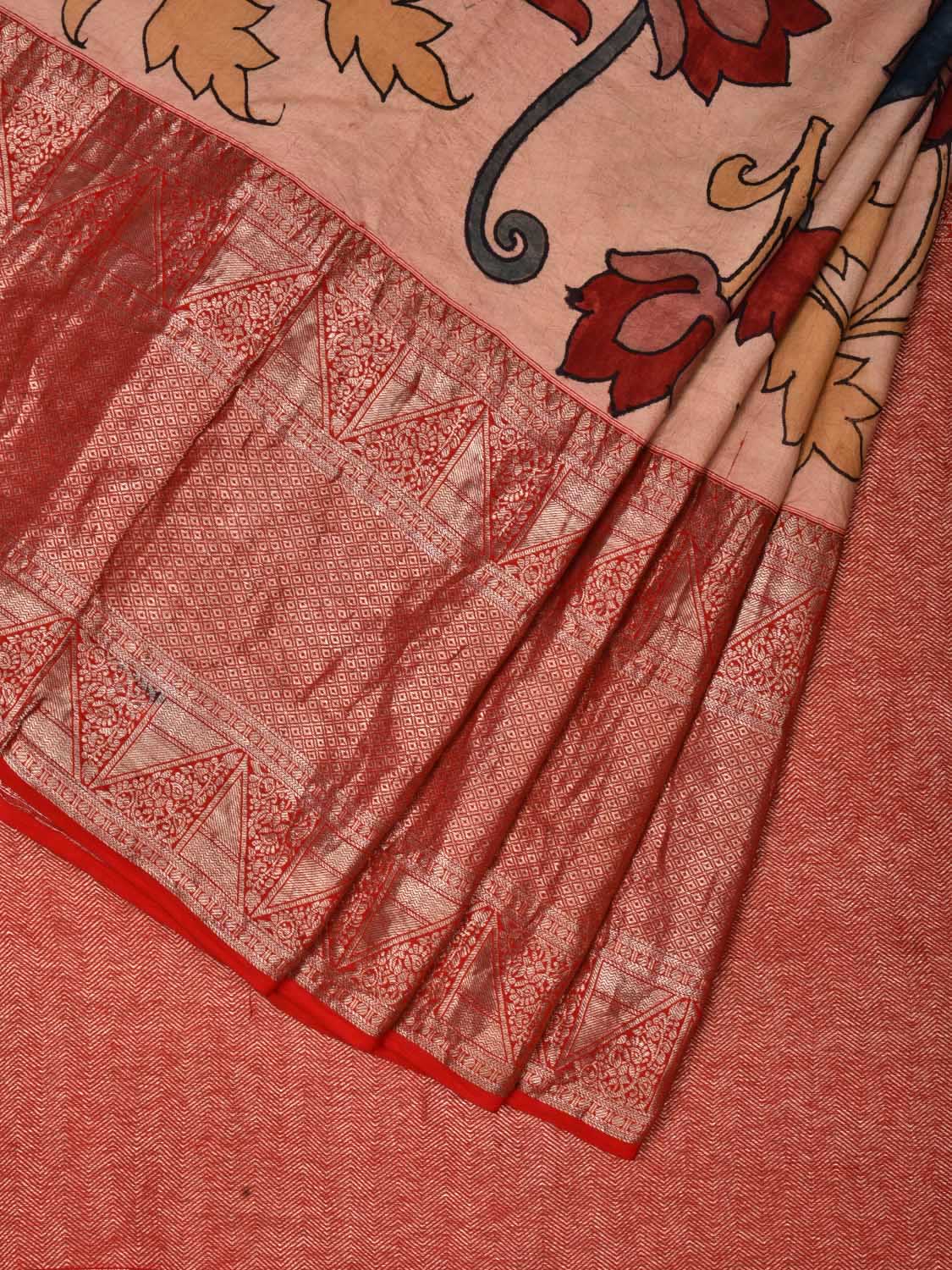 Cream and Red Kalamkari Hand Painted Kanchipuram Silk Handloom Saree with Floral and Birds Design KL0516
