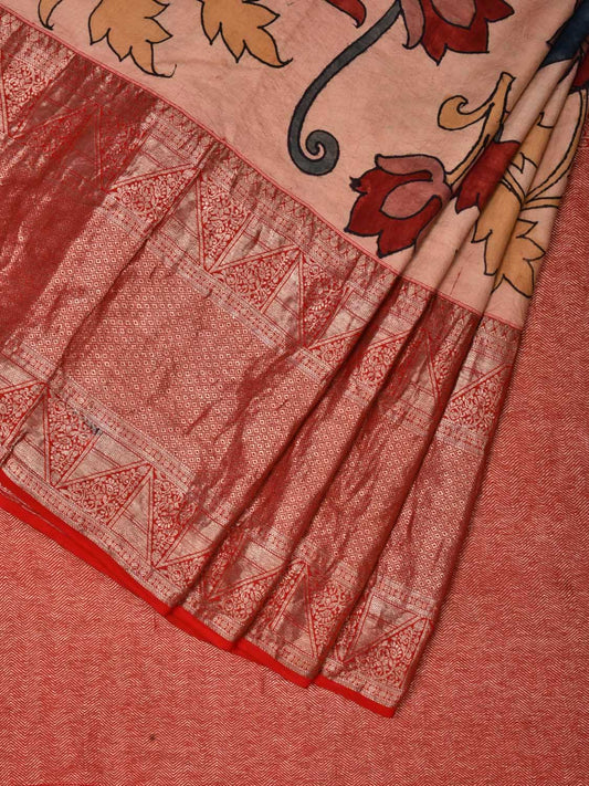 Cream and Red Kalamkari Hand Painted Kanchipuram Silk Handloom Saree with Floral and Birds Design KL0516