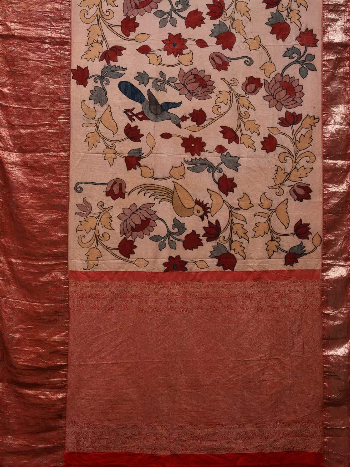 Cream and Red Kalamkari Hand Painted Kanchipuram Silk Handloom Saree with Floral and Birds Design KL0516