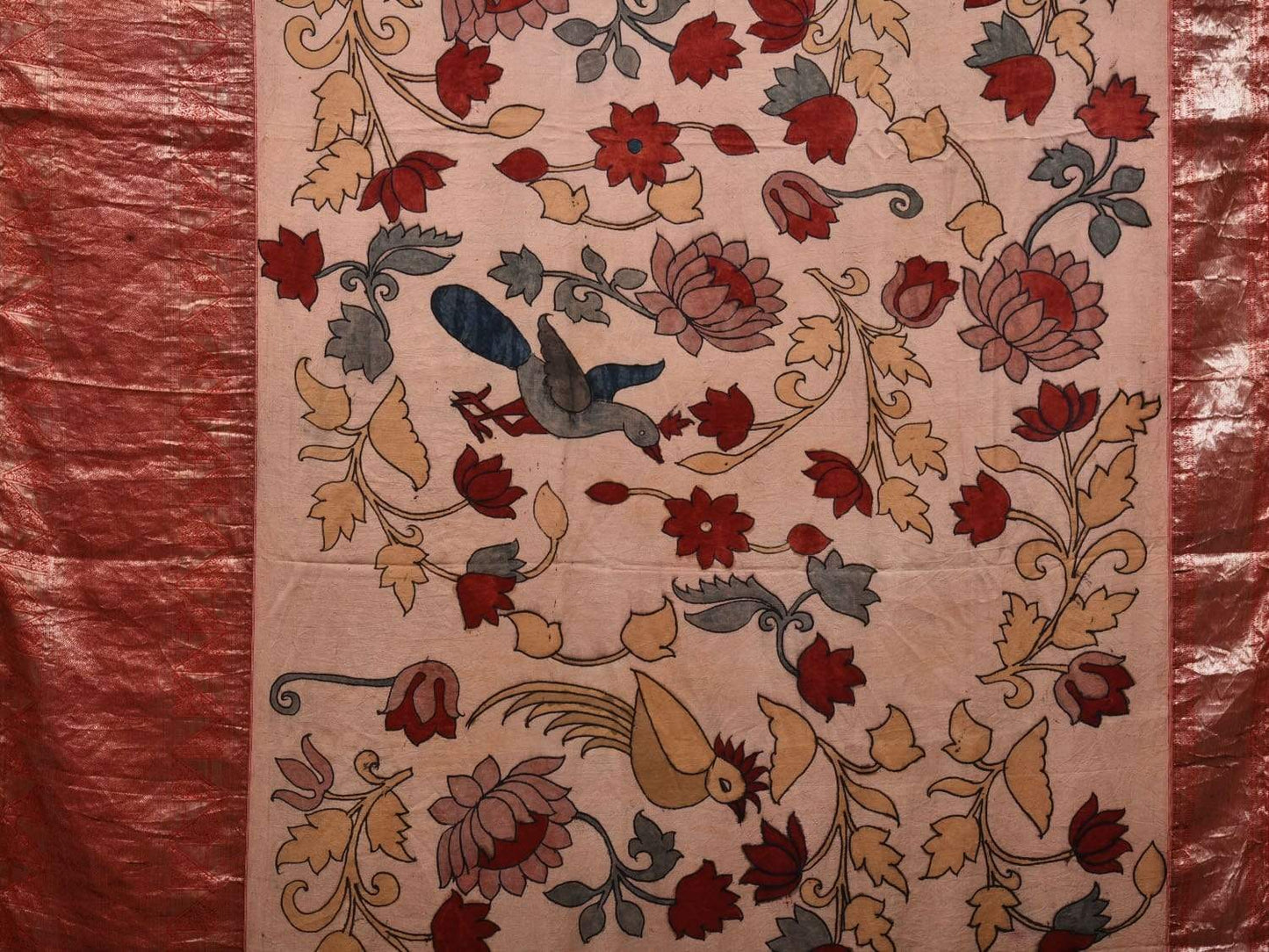Cream and Red Kalamkari Hand Painted Kanchipuram Silk Handloom Saree with Floral and Birds Design KL0516