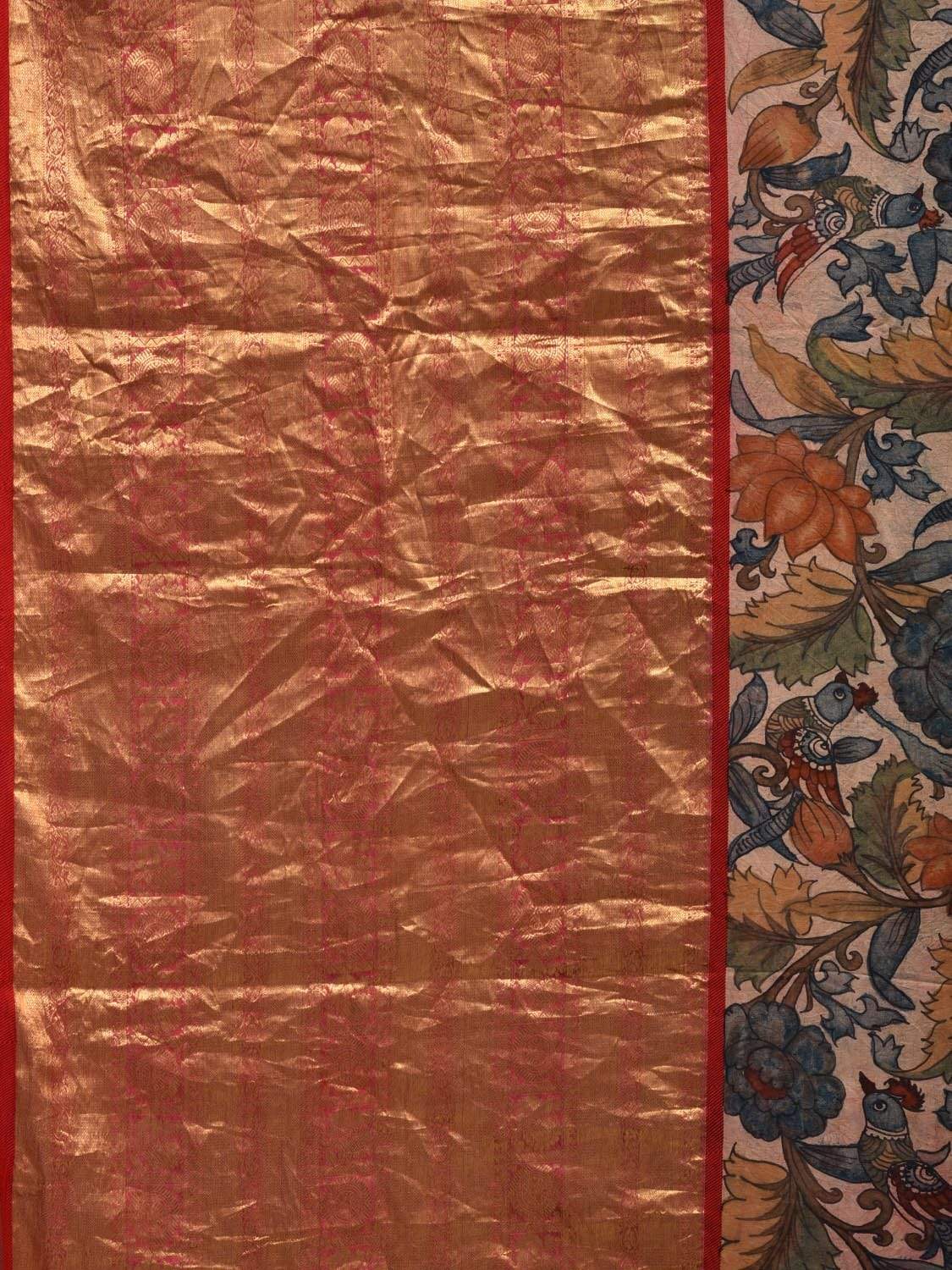 Cream and Red Kalamkari Hand Painted Kanchipuram Silk Handloom Saree with Floral and Birds Design KL0565