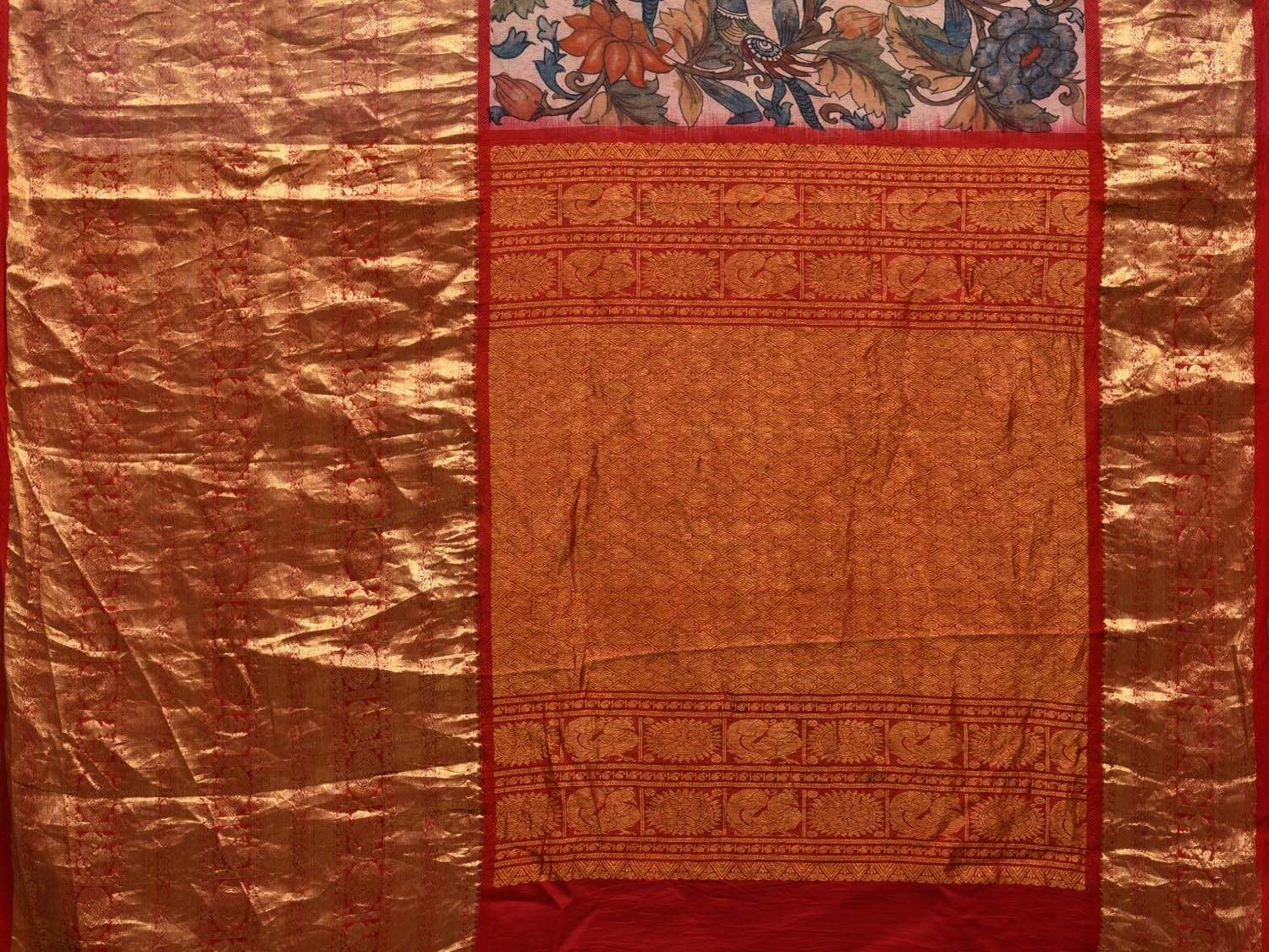 Cream and Red Kalamkari Hand Painted Kanchipuram Silk Handloom Saree with Floral and Birds Design KL0565