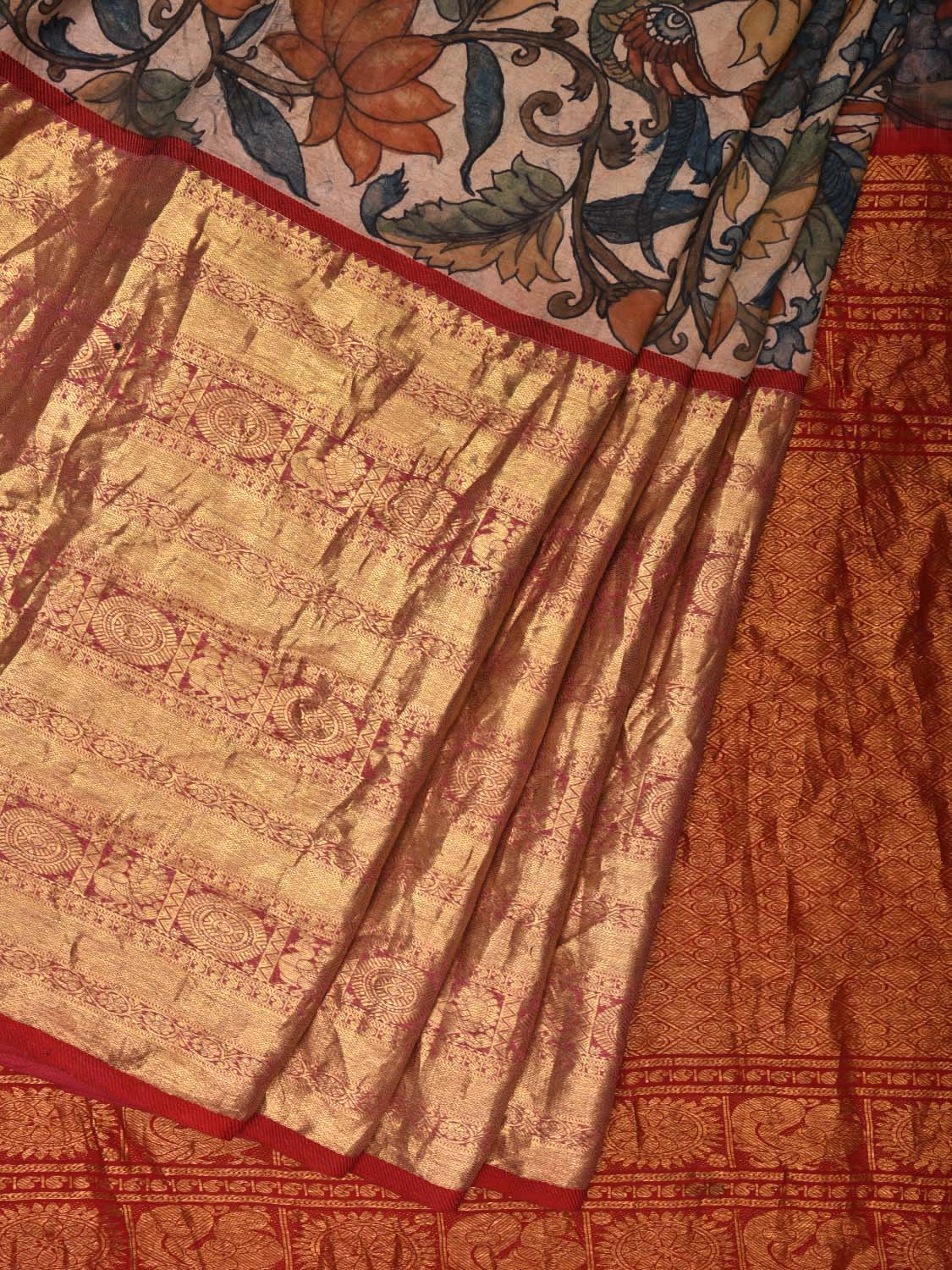 Cream and Red Kalamkari Hand Painted Kanchipuram Silk Handloom Saree with Floral and Birds Design KL0565