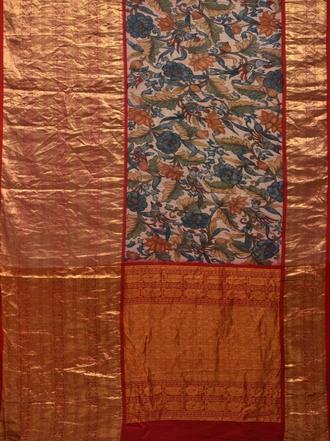 Cream and Red Kalamkari Hand Painted Kanchipuram Silk Handloom Saree with Floral and Birds Design KL0565