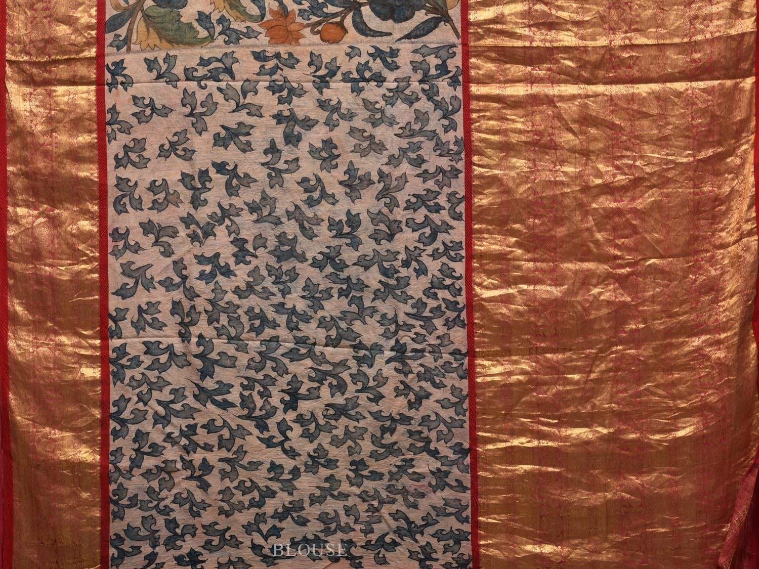 Cream and Red Kalamkari Hand Painted Kanchipuram Silk Handloom Saree with Floral and Birds Design KL0565