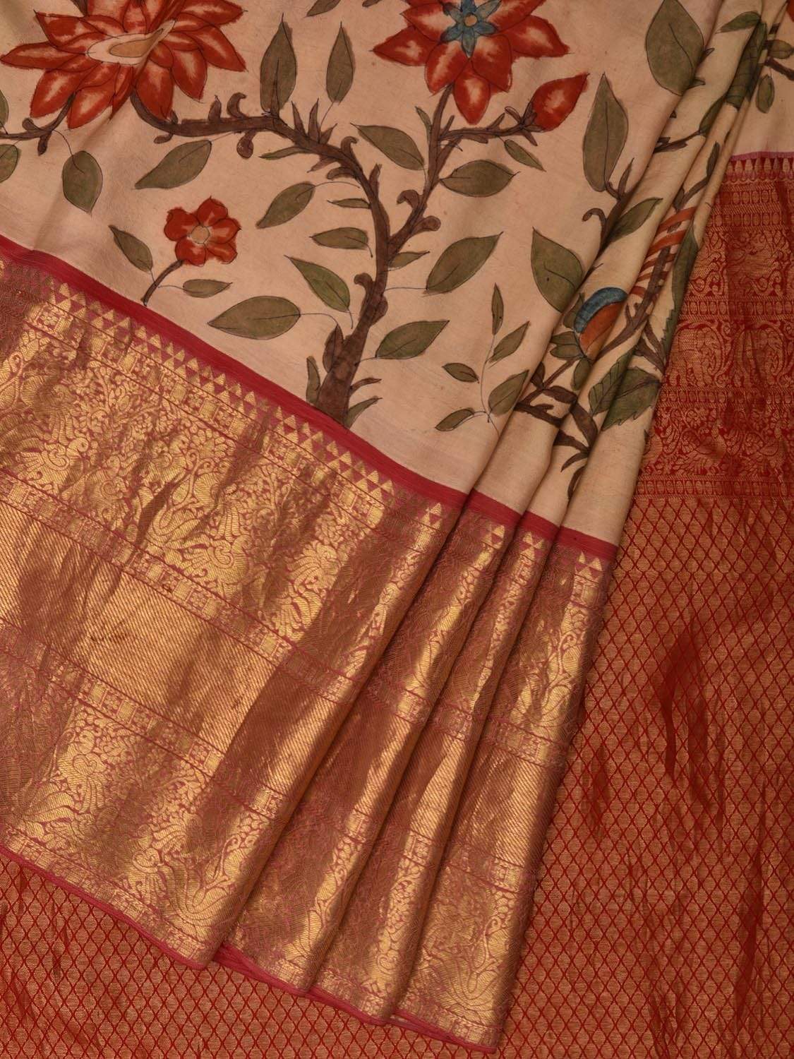 Cream and Red Kalamkari Hand Painted Kanchipuram Silk Handloom Saree with Floral and Peacocks Design KL0567